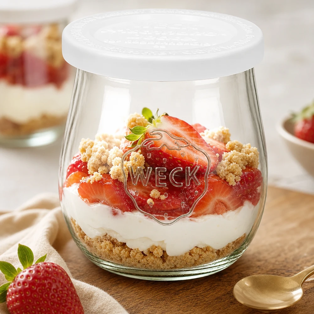 WECK Tulpenglas 220ml mit Frischedeckel als Dessertglas - Erdbeer-Sahne-Schichtdessert mit Streuseln im RR60 Glas