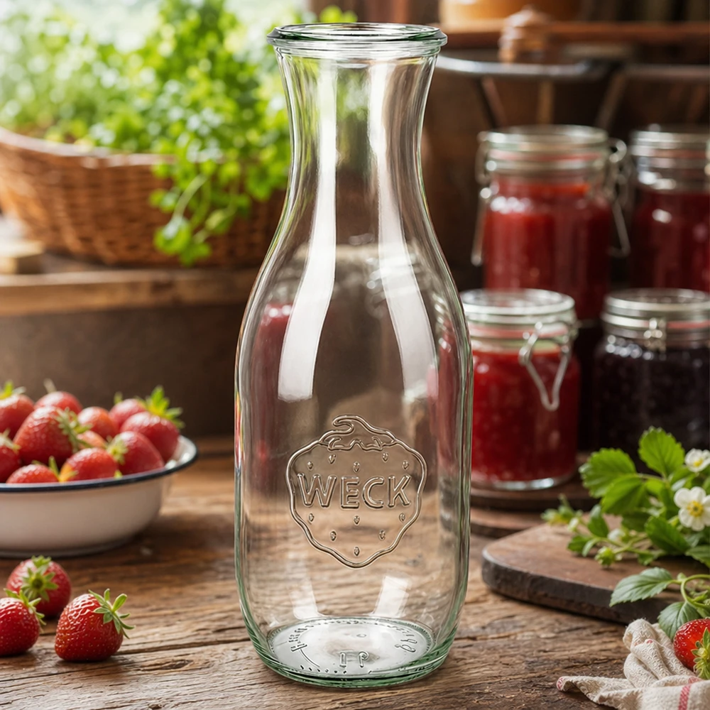 WECK Saftflasche 1062ml RR60 in rustikaler Küche mit frischen Erdbeeren und Marmeladengläsern als Dekoration