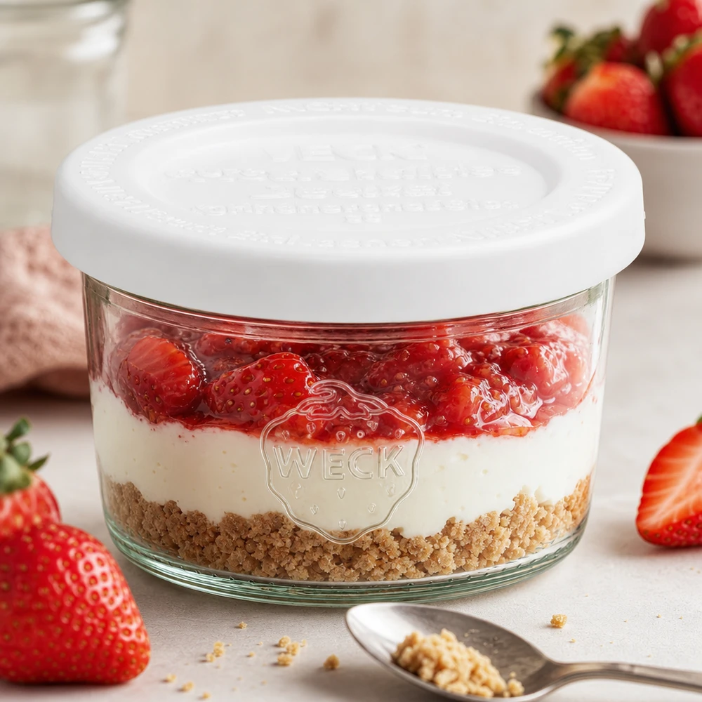 Zavařovací sklenice o objemu 80 ml s víčkem na osvěžení WECK RR60. WECK 80ml Sturzglas RR60 mit Erdbeer-Dessert und Keksboden als Schichtdessert zwischen frischen Erdbeeren und Löffel
