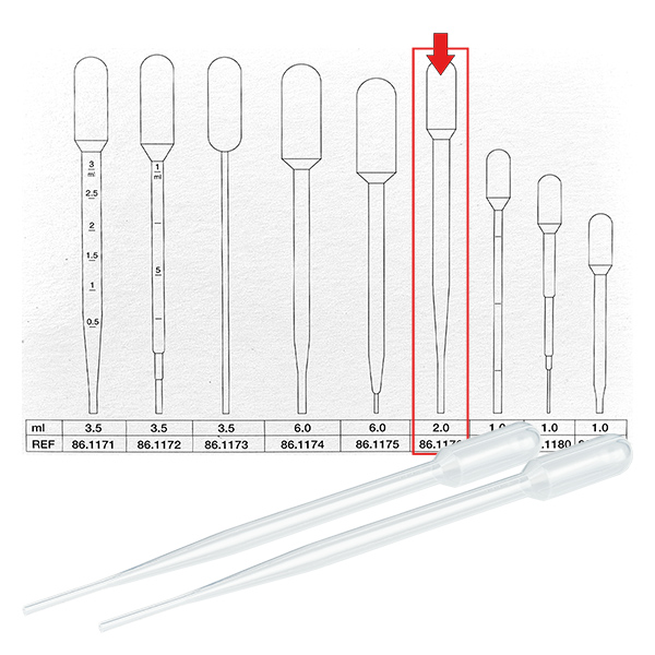 Přenosová pipeta o objemu 2 ml (154x11 mm) bez stupnice. Přenosová pipeta o objemu 2 ml (154x11 mm) bez stupnice.