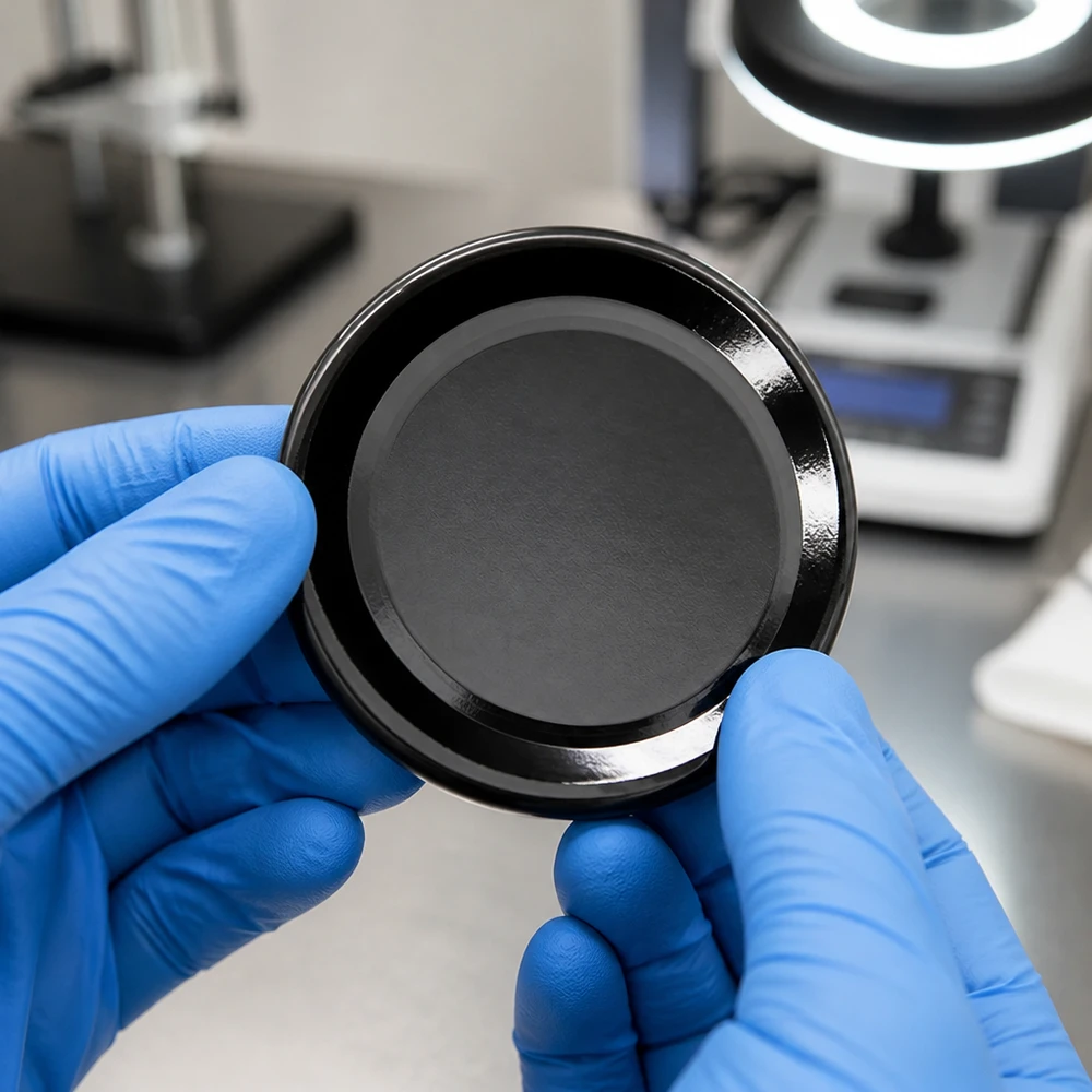 Laboratorní kontrola černého víčka BasicSeal TO66deep UNiTWIST o průměru 66 mm s použitím modrých rukavic