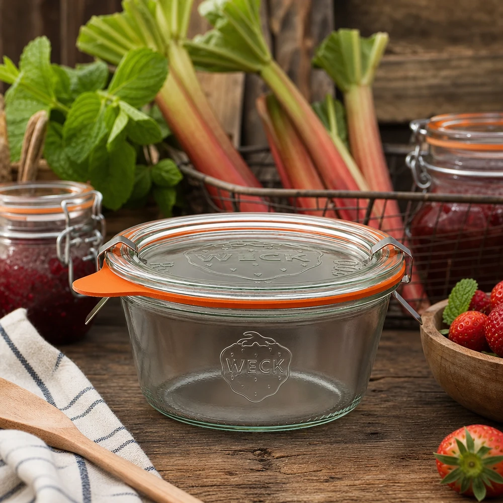 WECK Einmachglas 290ml RR100 in rustikaler Küche mit frischem Rhabarber und Erdbeeren zum Einkochen
