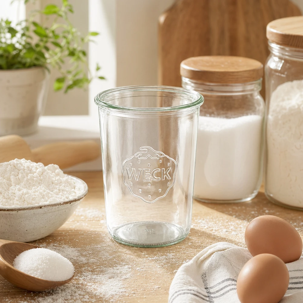 850ml tumble jar WECK RR100 s dřevěným dřevem. 850ml WECK Sturzglas RR100 Einmachglas transparent mit Logo auf Holztisch neben Mehl Eiern und Vorratsgläsern
