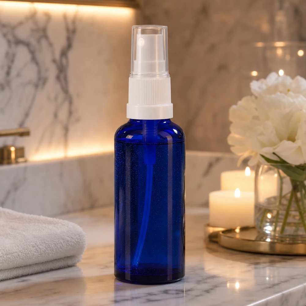 Blaue 30ml Glasflasche mit Pumpsprühkopf in luxuriösem Spa Ambiente mit Frotteetuch und Kerzenlicht