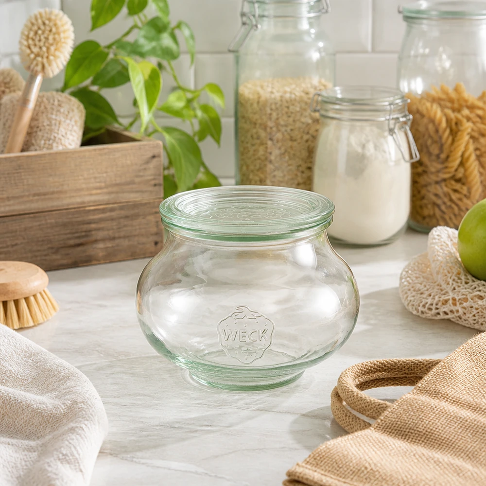 WECK Schmuckglas 560ml RR80 in nachhaltiger Zero-Waste Küche mit Naturmaterialien Holzbürsten und Jutebeuteln