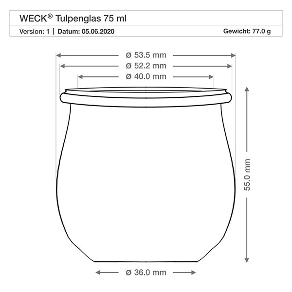 75ml tulipánová dóza s víčkem pro osvěžení WECK RR40 Technische Zeichnung WECK Tulpenglas 75ml RR40 mit Maßangaben Durchmesser Höhe Gewicht Produktspezifikation