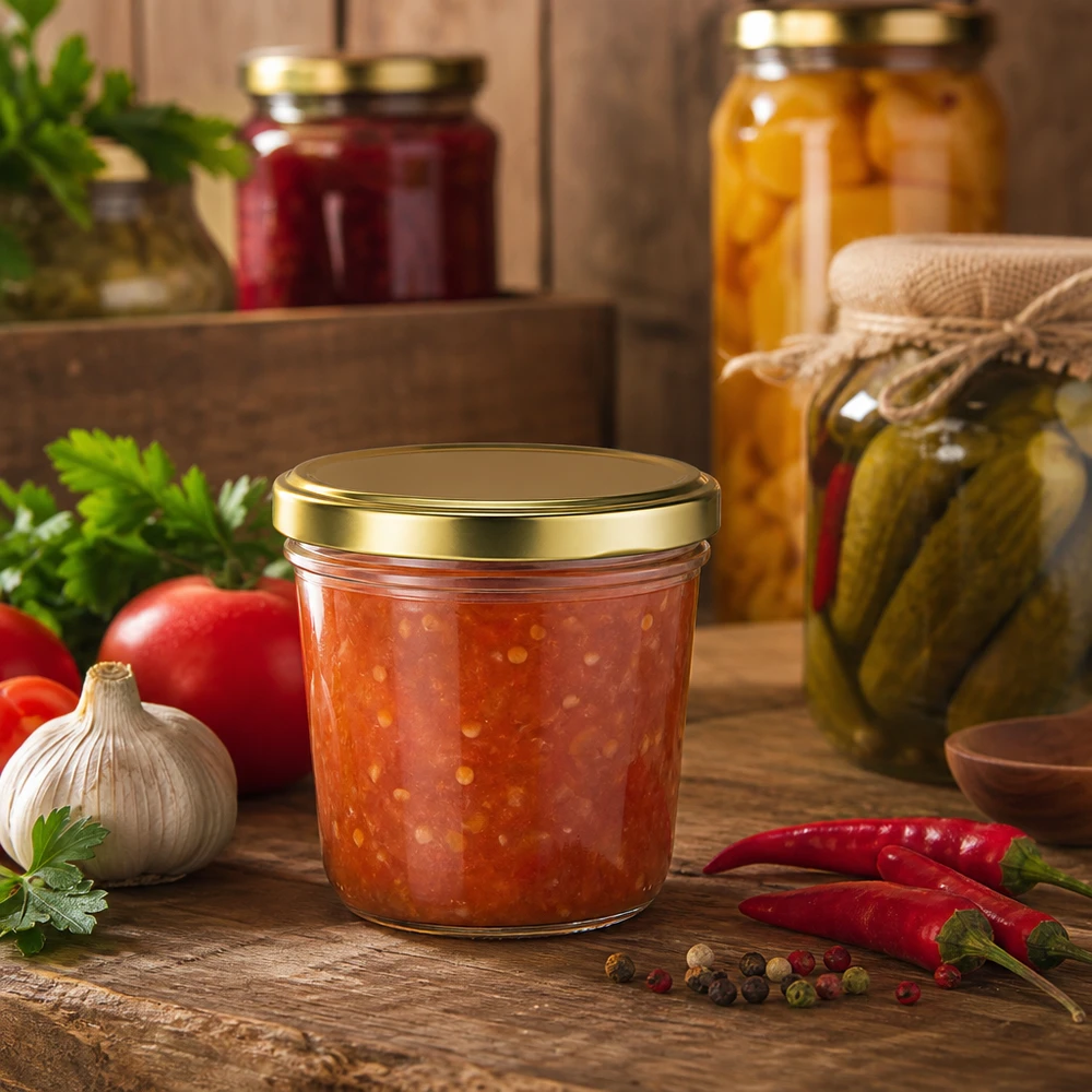 230ml tumblery s víčkem BasicSeal zlaté UNiTWIST. 230ml Sturzglas mit goldenem Deckel gefüllt mit Tomatenrelish umgeben von frischen Zutaten und Gewürzen