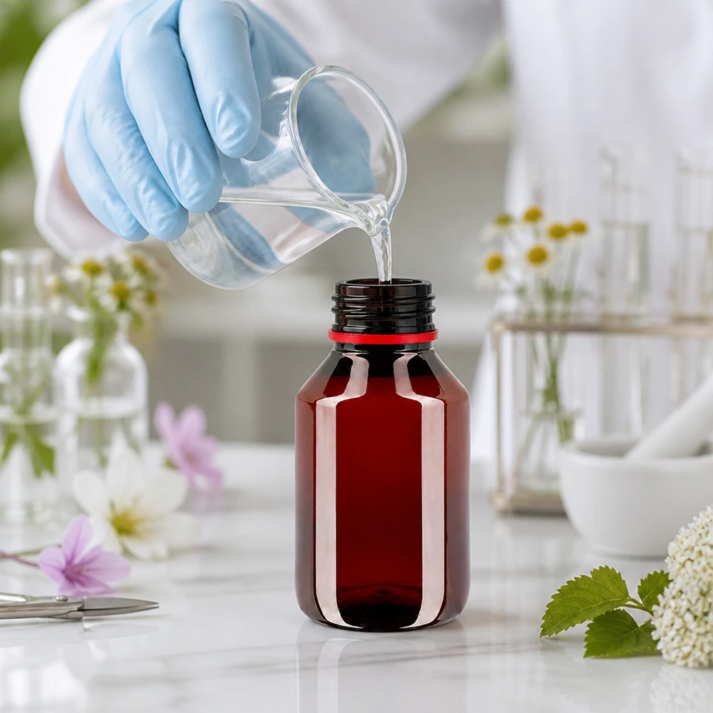 PET láhev 50ml s bílým/červeným uzávěrem s možností manipulace. Malá hnědá plastová lahvička o objemu 50 ml s červeným bezpečnostním kroužkem se plní v laboratoři