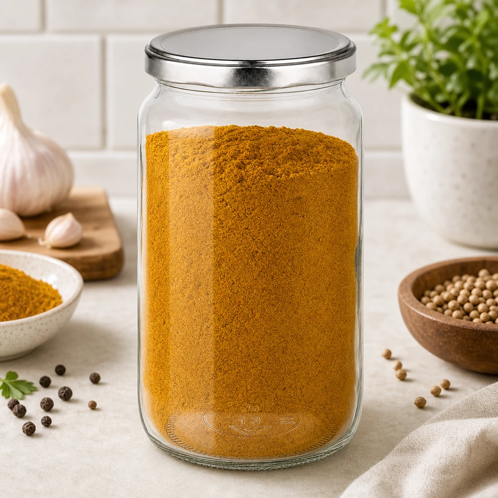 795ml kulatá zavařovací sklenice s víčkem BasicSeal stříbrná UNiTWIST. 795ml Rundglas mit BasicSeal Deckel gefüllt mit Gewürzpulver in Küche neben Koriander und Knoblauch