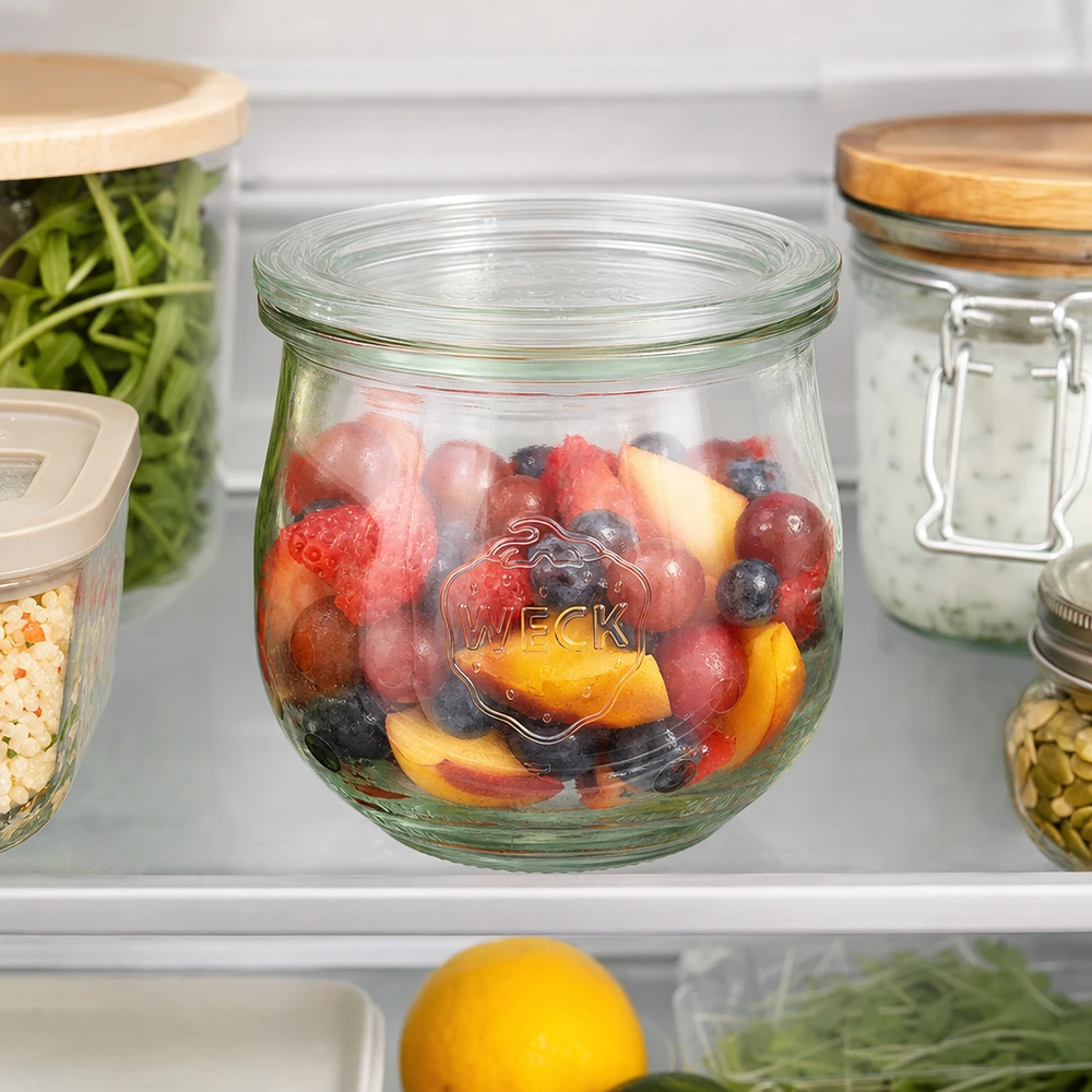370ml tulipánová sklenice se skleněným víčkem WECK RR80 WECK Tulpenglas 370ml RR80 mit frischem Obstsalat im Kühlschrank zur praktischen Aufbewahrung von Lebensmitteln
