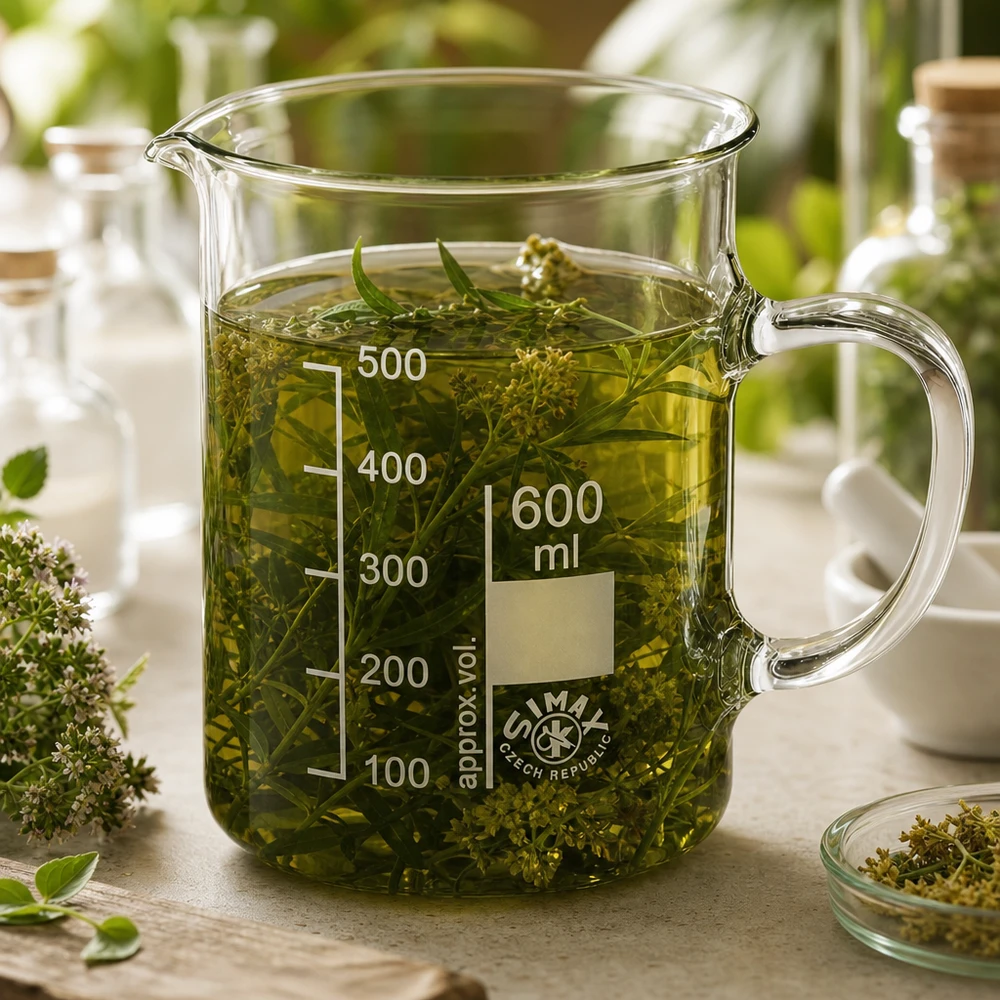 Kádinka z borosilikátového skla 600 ml, s rukojetí Becherglas Simax 600ml mit Henkel und Skalierung bis 500ml für Naturkosmetik und Extrakte