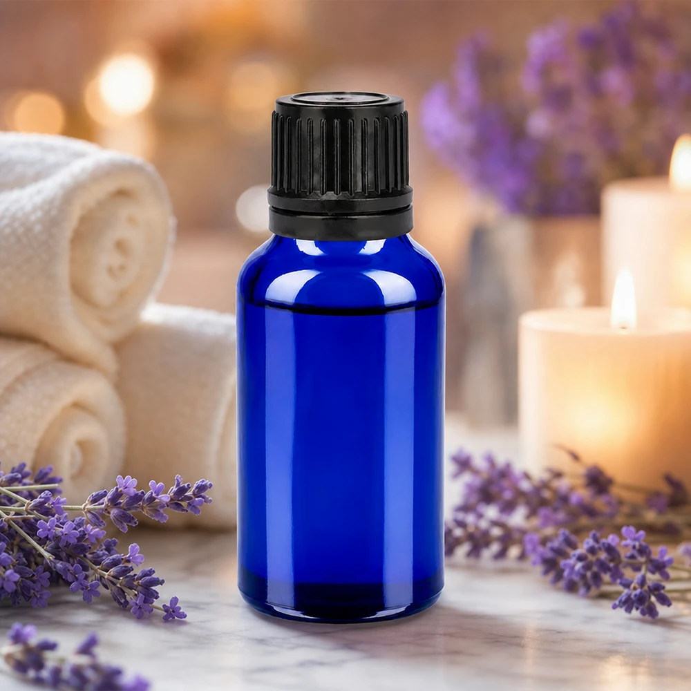 20ml lahvička 11mm šroubovací uzávěr černý s tamperem BlueLine UT18/20 20ml Blauglas Tropfflasche mit schwarzem Schraubverschluss für professionelle Aromatherapie