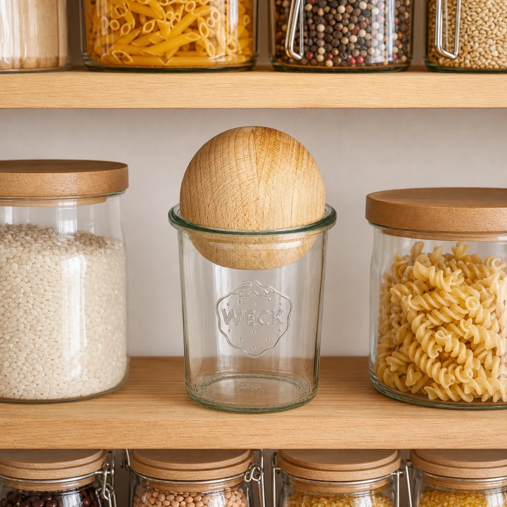 160ml kelímky WECK RR60 s dřevěnou kuličkou buk WECK Sturzglas RR60 160ml mit Holzkugel in Küchenregal zwischen Vorratsgläsern mit Pasta und Getreide