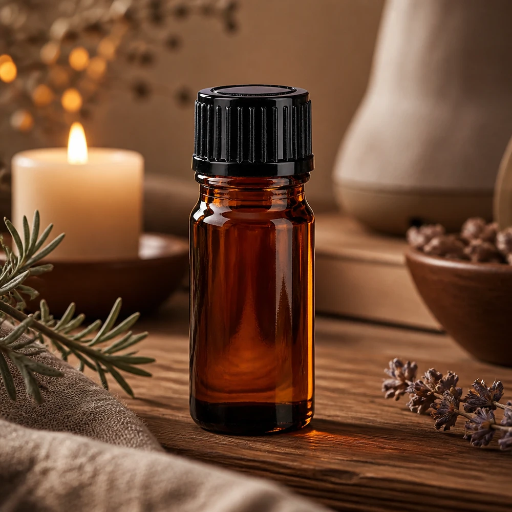 Lékárenská lahvička hnědá 5ml se šroubovacím uzávěrem černá standardní Hochwertige 5ml Apothekerflasche Braunglas mit schwarzem Deckel neben Lavendel und Kerze