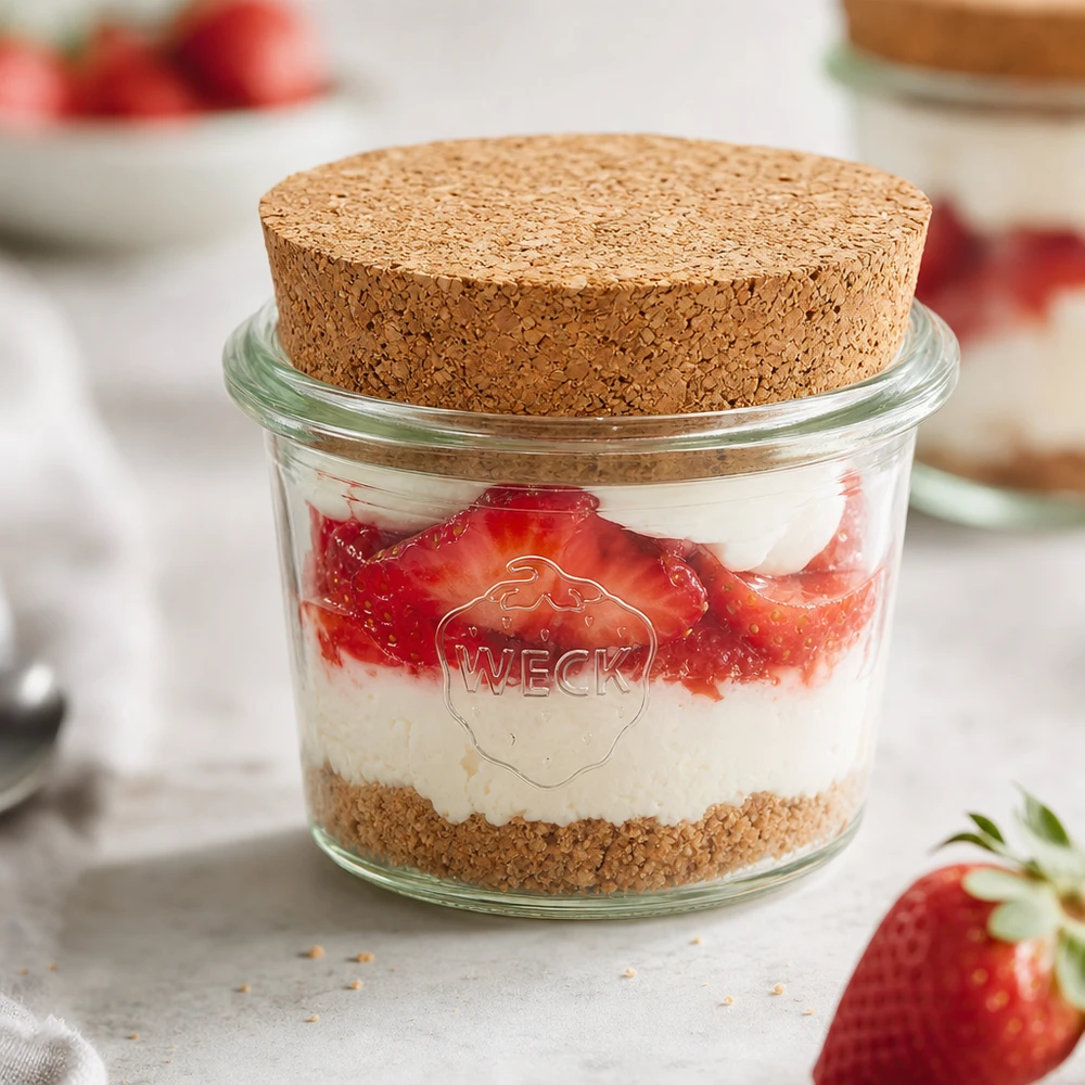 35ml zavařovací sklenice WECK RR40 s korkem přírodní WECK Sturzglas RR40 35ml mit Korken gefüllt mit Erdbeer-Sahne-Dessert als Portionsglas für süße Nachspeisen