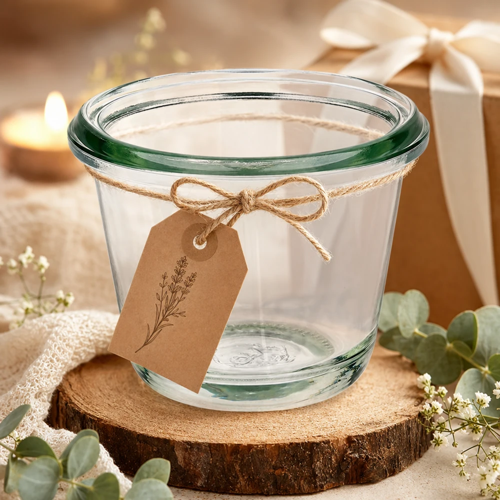 80ml WECK Gourmetglas RR60 dekorativ arrangiert mit Kraftpapier-Anhänger auf Holzscheibe in festlicher Geschenkdeko