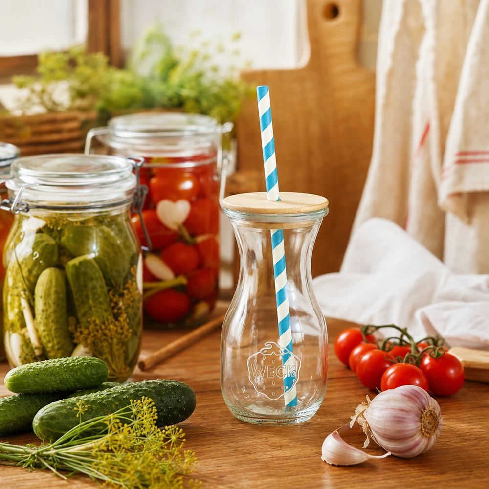 6 x 290ml láhev na šťávu WECK RR60 s dřevěným víčkem a 100 eco S WECK Saftflasche 290ml Küchenszenerie mit eingelegten Gurken Tomaten frischem Gemüse Holzdeckel Öko-Strohhalm