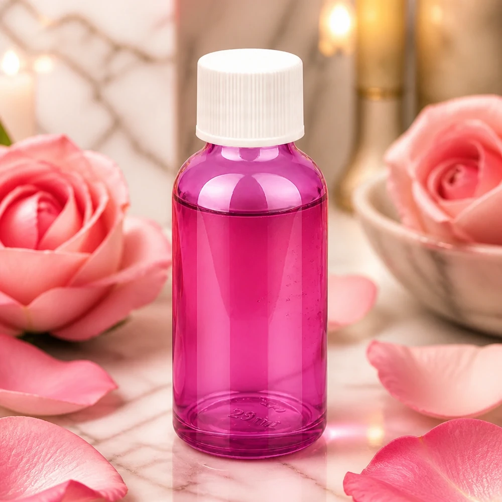 Elegante 30ml Glasflasche in Violett mit weißem Deckel für professionelle Kosmetikprodukte