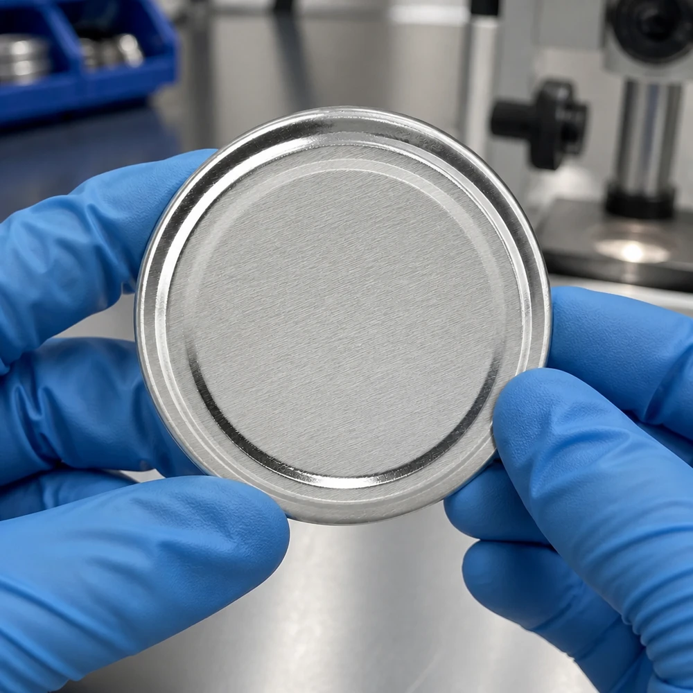 58mm víčko BasicSeal stříbrné (TO58) UNiTWIST Laboratorní snímek víčka BasicSeal 58 mm, stříbrné, TO58 UniTwist, drženého v modrých ochranných rukavicích