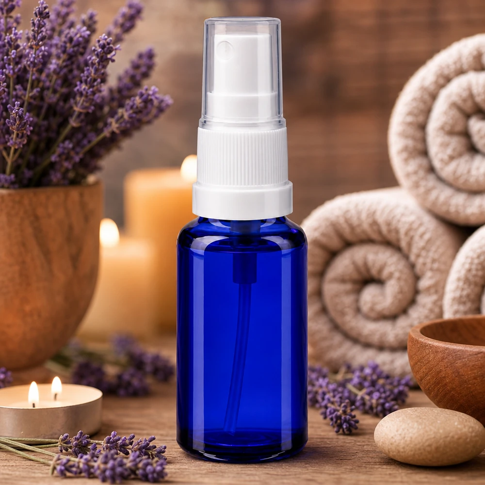 Lékárenská lahvička modrá 20ml s rozprašovacím nástavcem bílá Blauer 20ml Minitflakon aus Apothekerglas mit weißem Sprühaufsatz für Reisegrößen