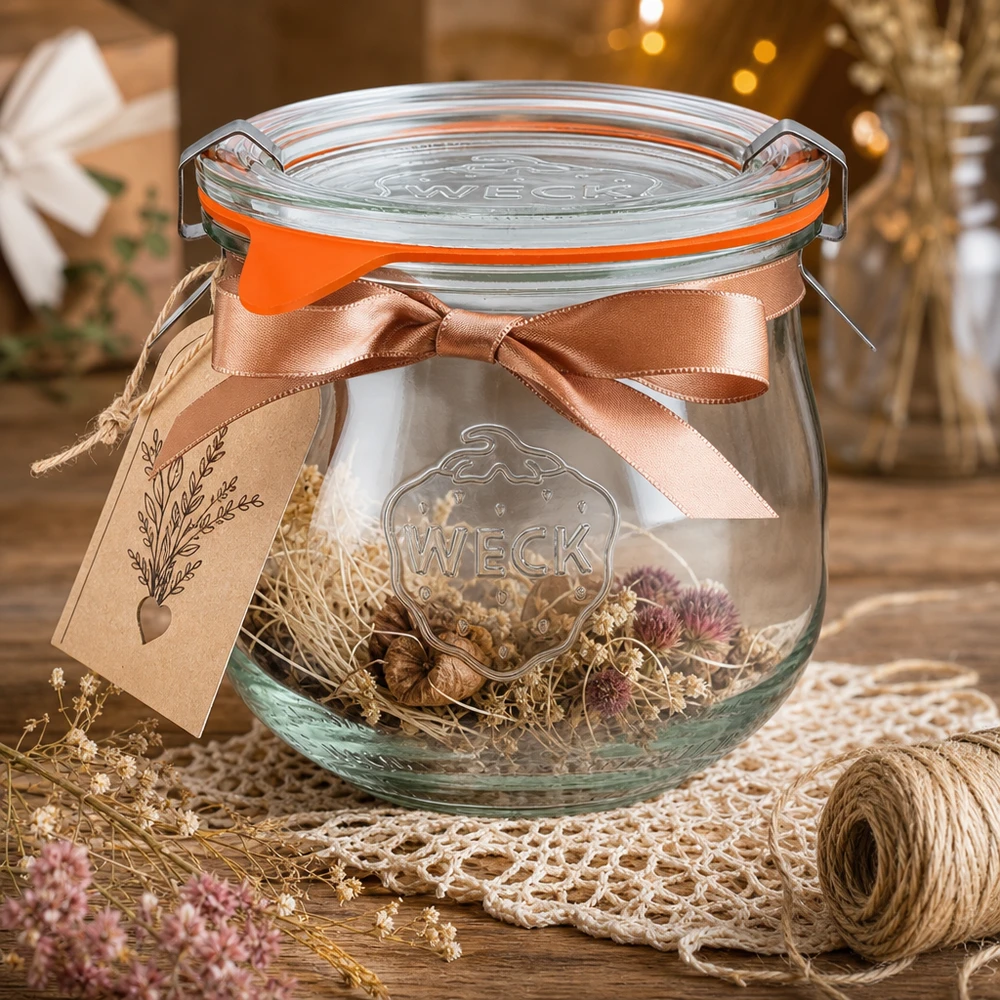 WECK Tulpenglas 370ml RR80 dekorativ arrangiert mit getrockneten Blumen Satinband und Geschenkanhänger als Bastelidee