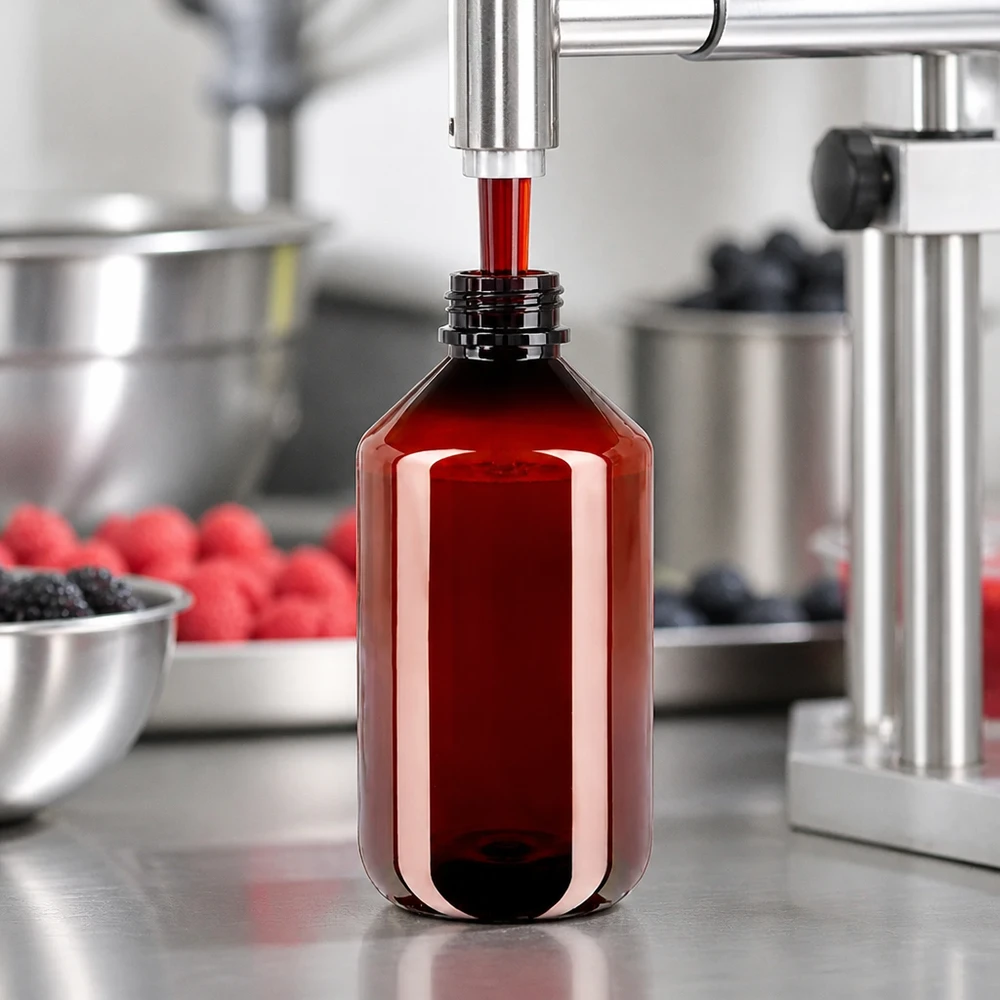 Automatické plnění ovocného džusu do hnědých PET lahví o objemu 500 ml se šroubovacím uzávěrem