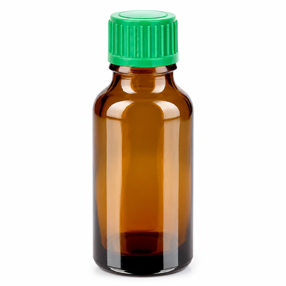 20ml lahvička s kapátkem 0,8 mm zelená standardní uzávěr BrownLine UT18/20 Hochwertige Tropfflasche 20ml aus braunem Borosilikatglas mit dichtem Verschluss