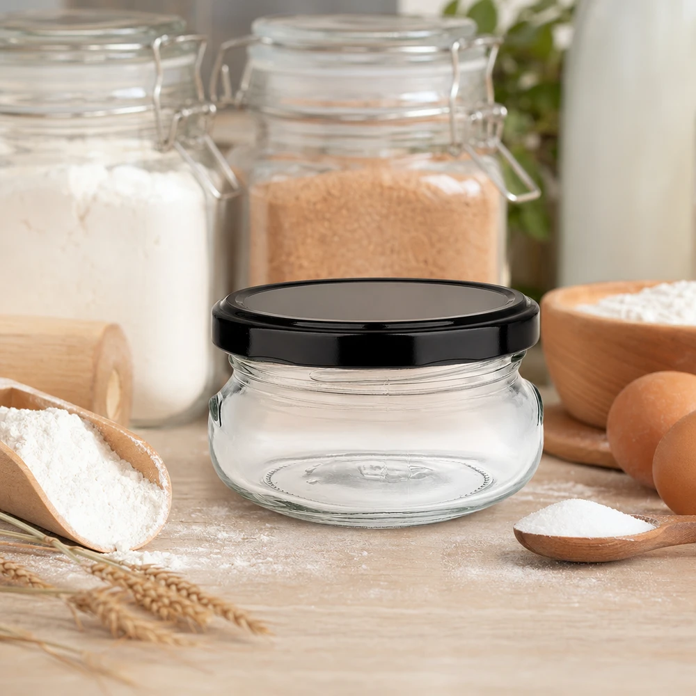 120ml Terrinenglas mit schwarzem Deckel in Backküche mit Mehl, Eiern und Zutaten zum Backen und Aufbewahren