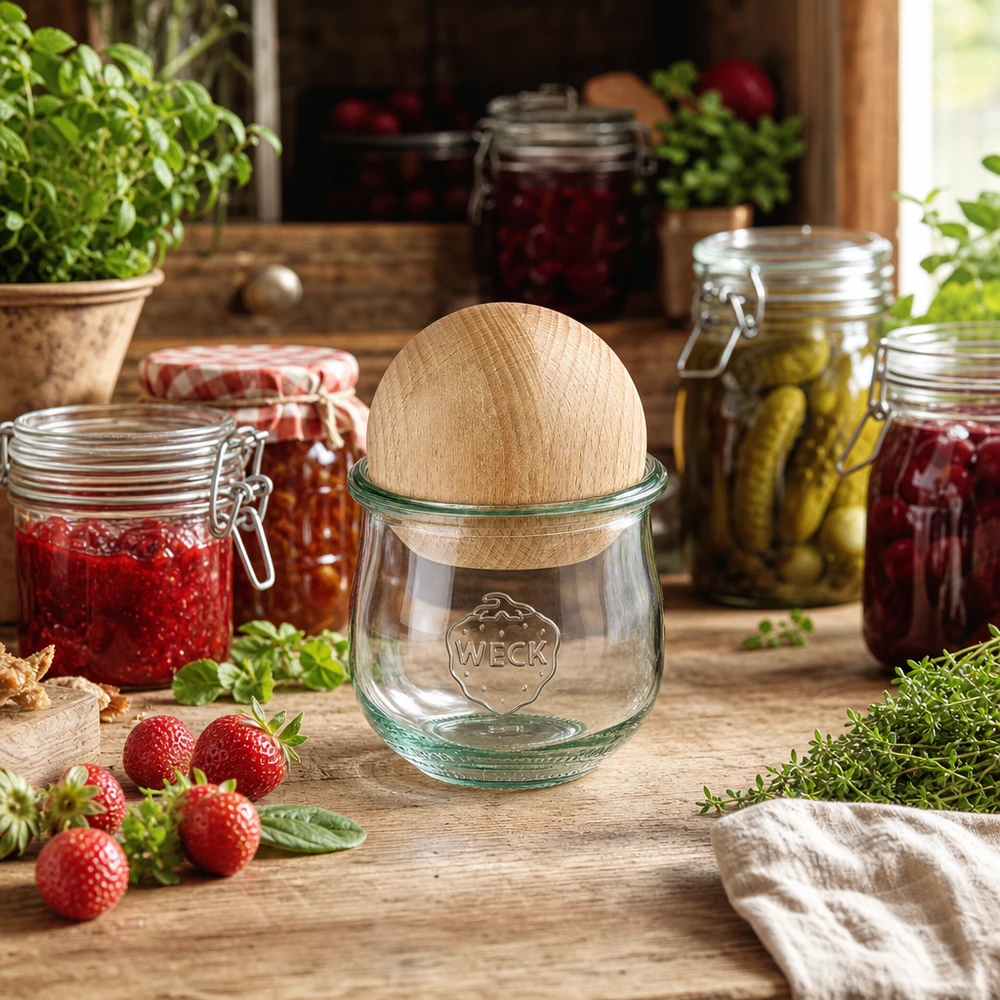 WECK Einmachglas RR80 mit Holzdeckel in rustikaler Küche zwischen Marmeladengläsern und frischen Erdbeeren