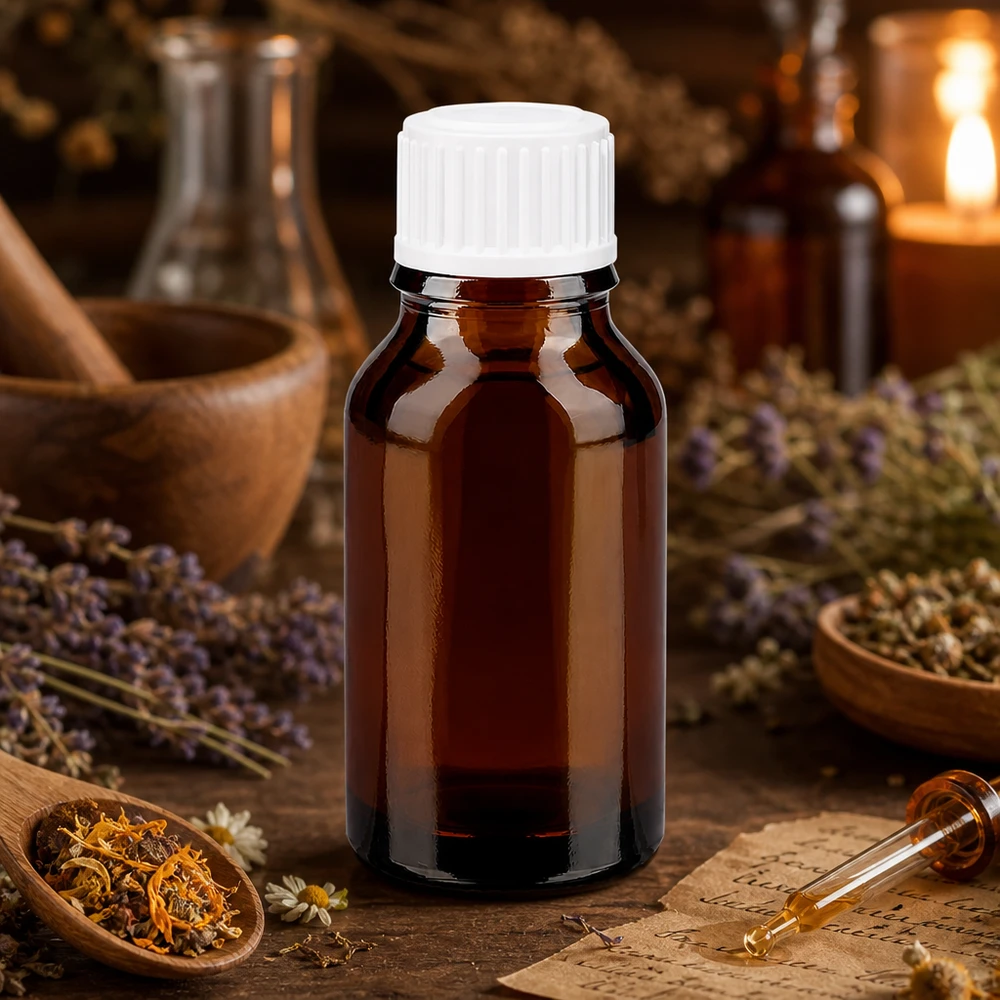 Lékárenská láhev hnědá 30ml šroubovací uzávěr bílá standardní Dunkelbraune 30ml Glasflasche mit weißem 11mm Verschluss für Kräuterextrakte und Pflanzentinkturen