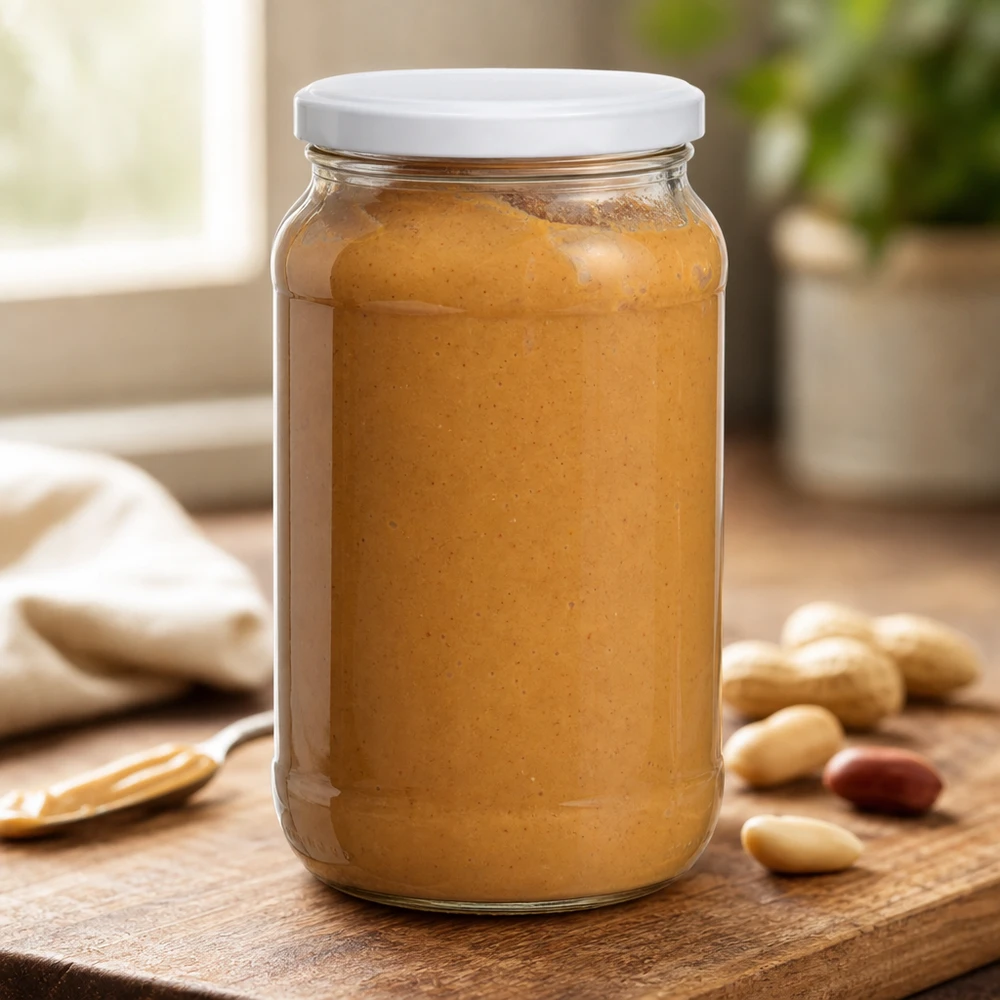 1062ml kulatá sklenice s víčkem BasicSeal bílá UNiTWIST 1062ml Rundglas mit BasicSeal Deckel gefüllt mit Erdnussbutter auf Holzbrett mit Erdnüssen Vorratsglas Küche