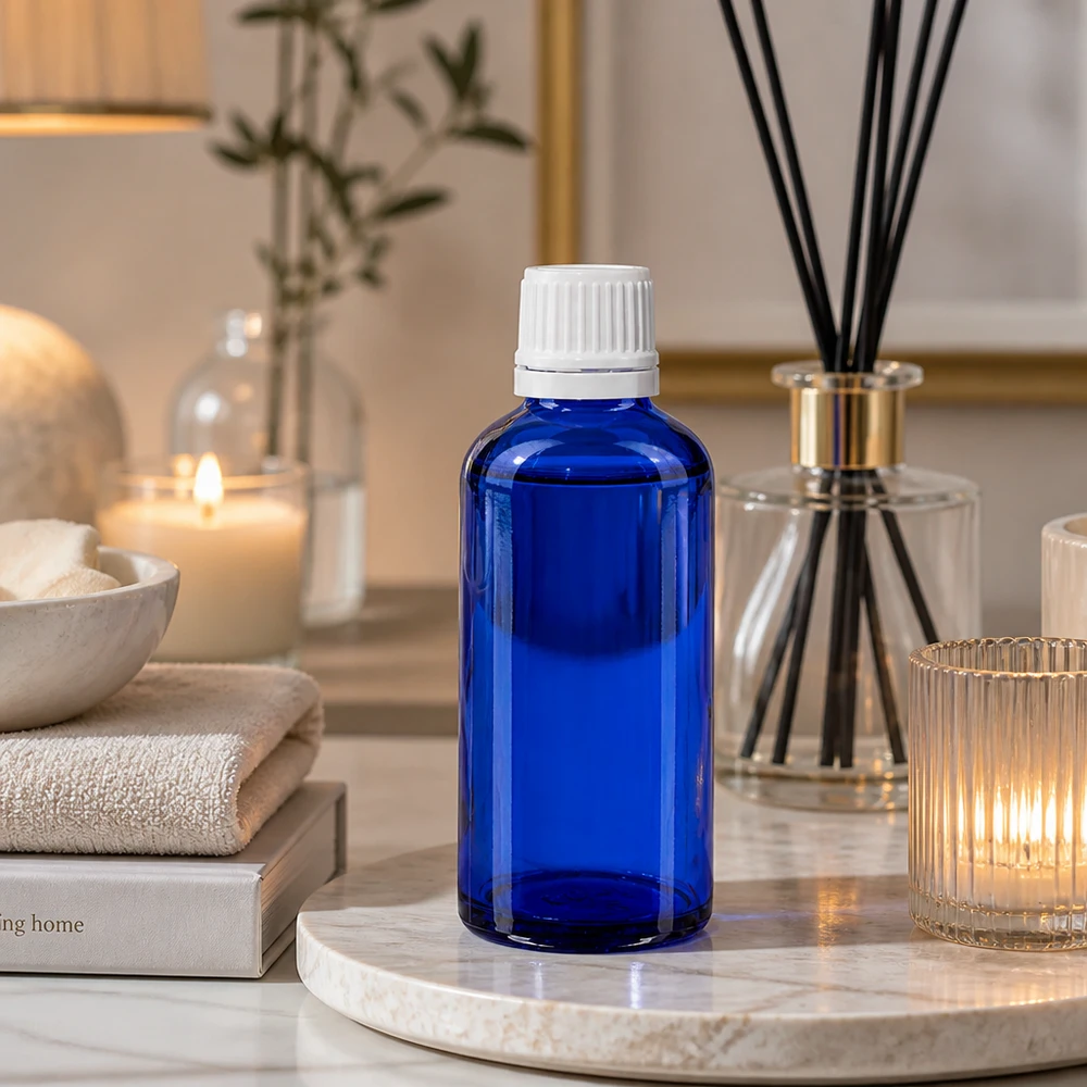 Blaue 50ml Flasche mit Sicherheitsverschluss weiß ideal für Kosmetik und Aromatherapie