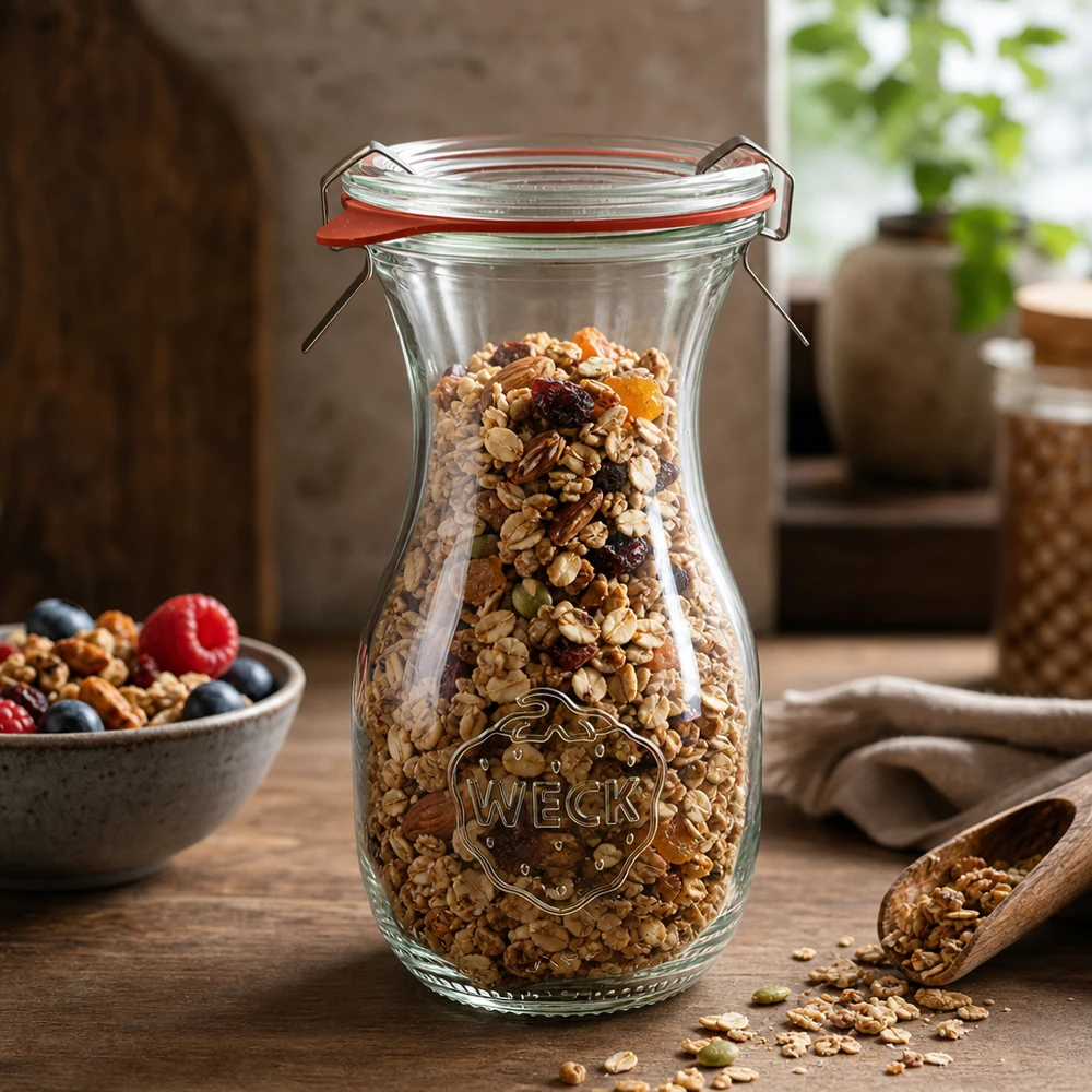 290ml láhev na džus kompletní WECK RR60 WECK Saftflasche 290ml RR60 gefüllt mit Müsli und Trockenfrüchten zur Aufbewahrung von Lebensmitteln