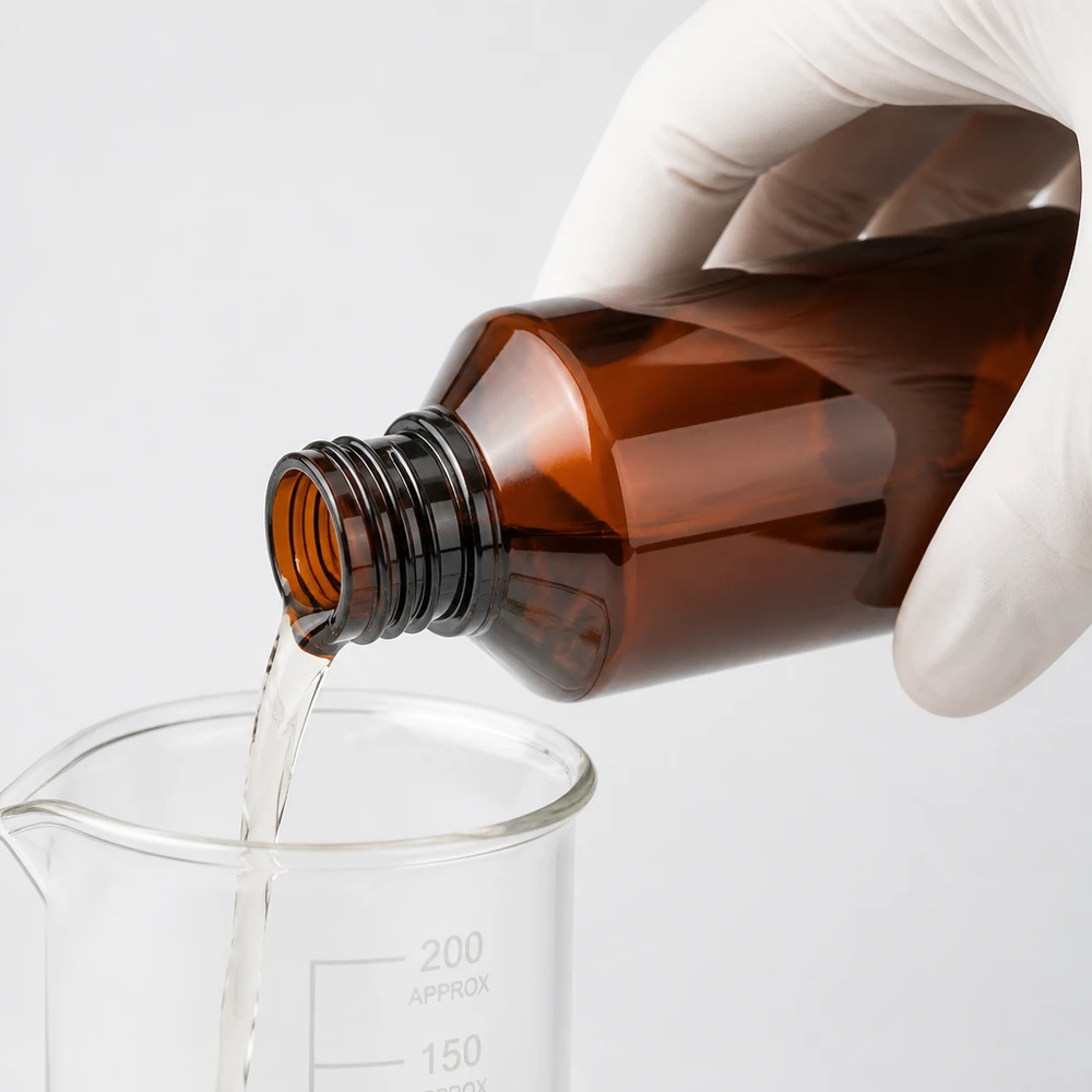 Čirý roztok se nalévá z jantarově zbarvené 200ml PET láhve do skleněné nádoby