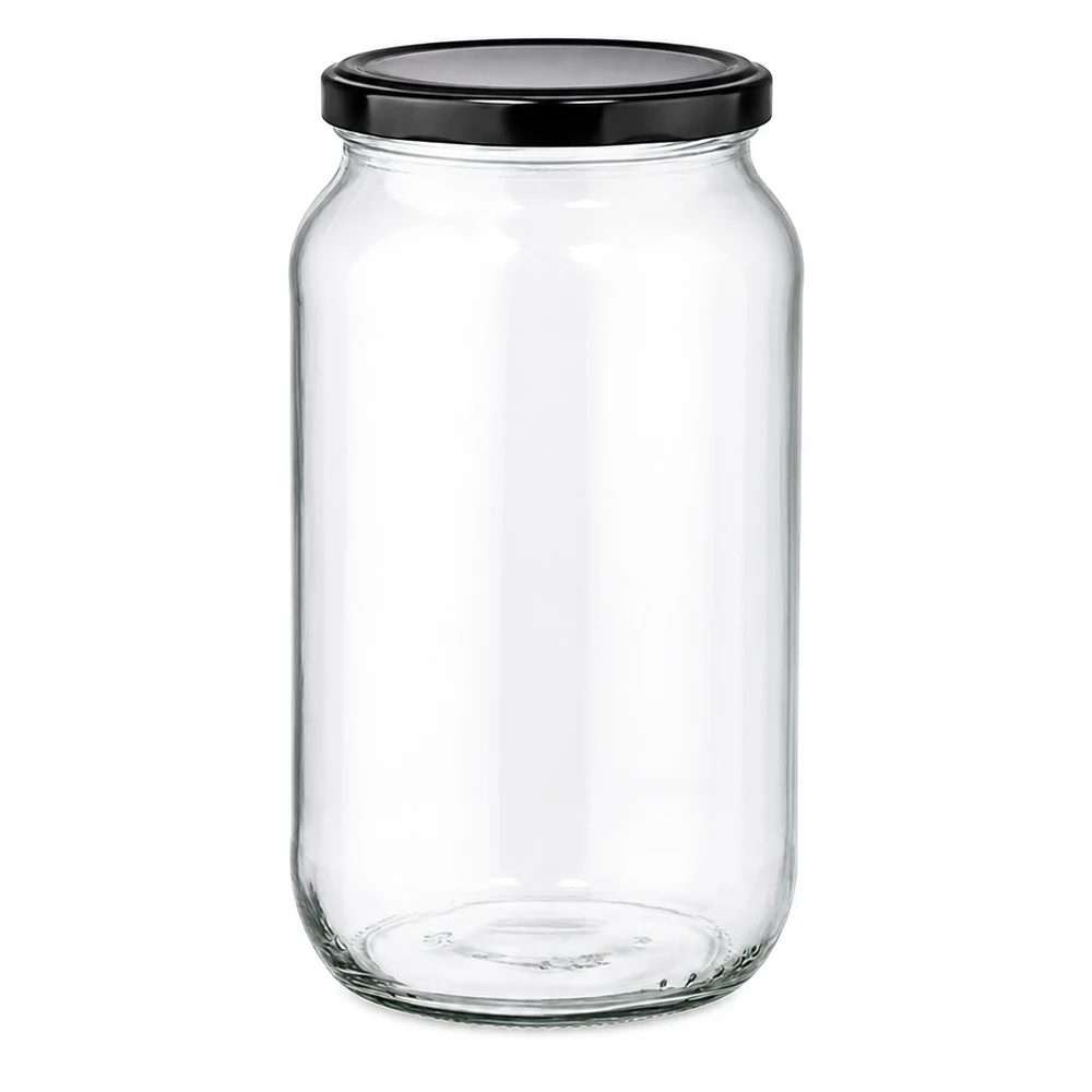 1062ml Rundglas mit schwarzem BasicSeal Deckel - leeres Einmachglas aus klarem Glas für Lebensmittel und Aufbewahrung
