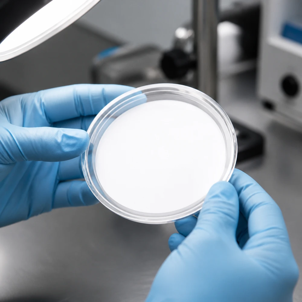 Laborant drží bílé víčko BasicSeal TO70 UNiTWIST o průměru 70 mm v laboratorních podmínkách