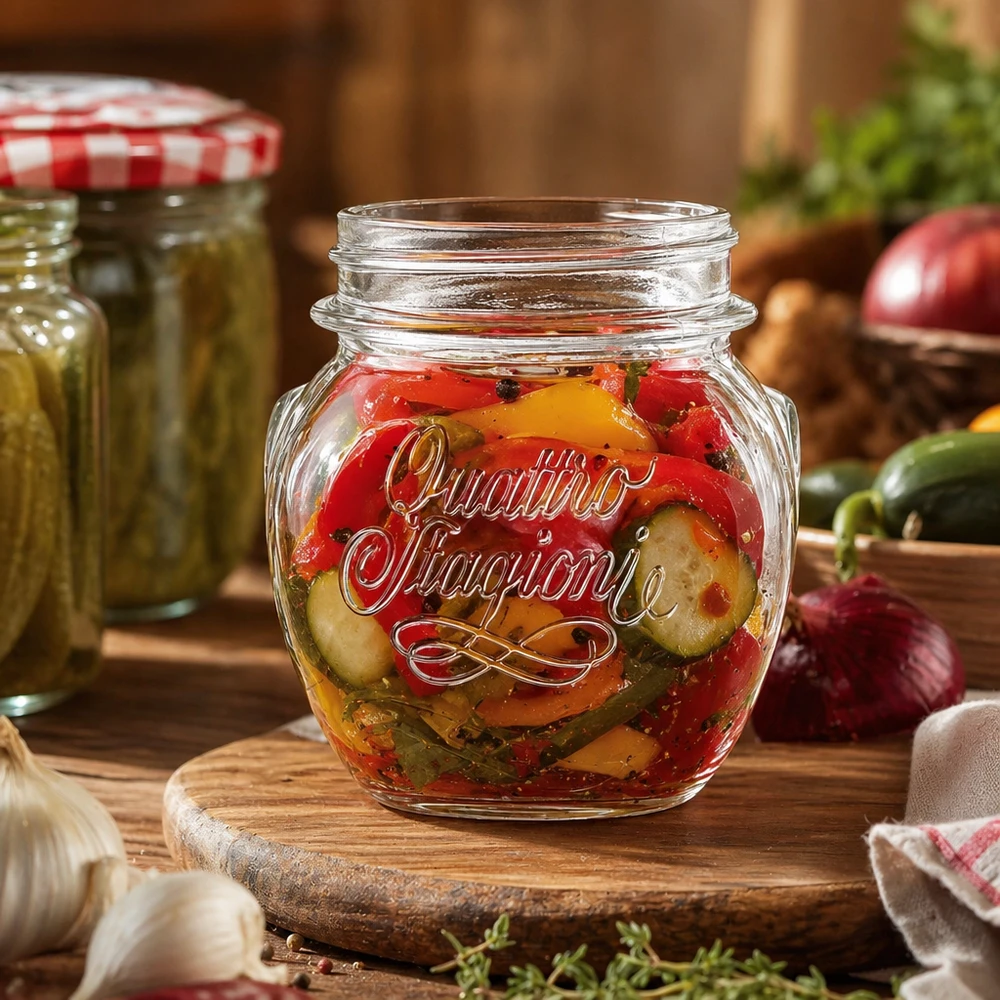 Kulatá sklenice 300ml "Quattro Stagioni" QS70mm 300ml Quattro Stagioni Einmachglas mit eingelegtem Gemüse auf Holzbrett in rustikaler Küche