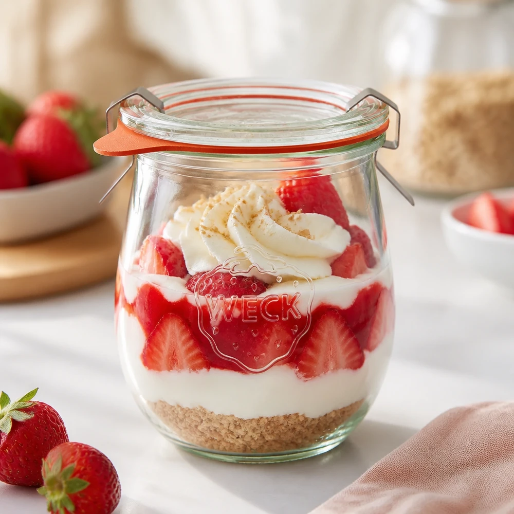 220ml tulipánová sklenice s kompletní svěžestí WECK RR60 WECK Tulpenglas 220ml RR60 mit Erdbeerdessert Schichtdessert Joghurt und Keksboden als Dessertglas verwendet