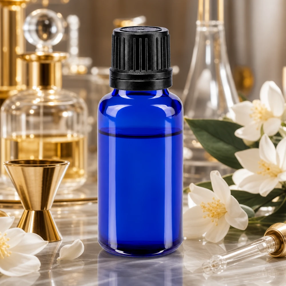 Lékárenská láhev modrá 20ml šroubovací uzávěr černý nalévací kroužek uzávěr zabezpečený proti manipulaci. Kompakte kobaltblaue 20ml Flasche mit UV-Schutzglas und schwarzem OV für ätherische Öle