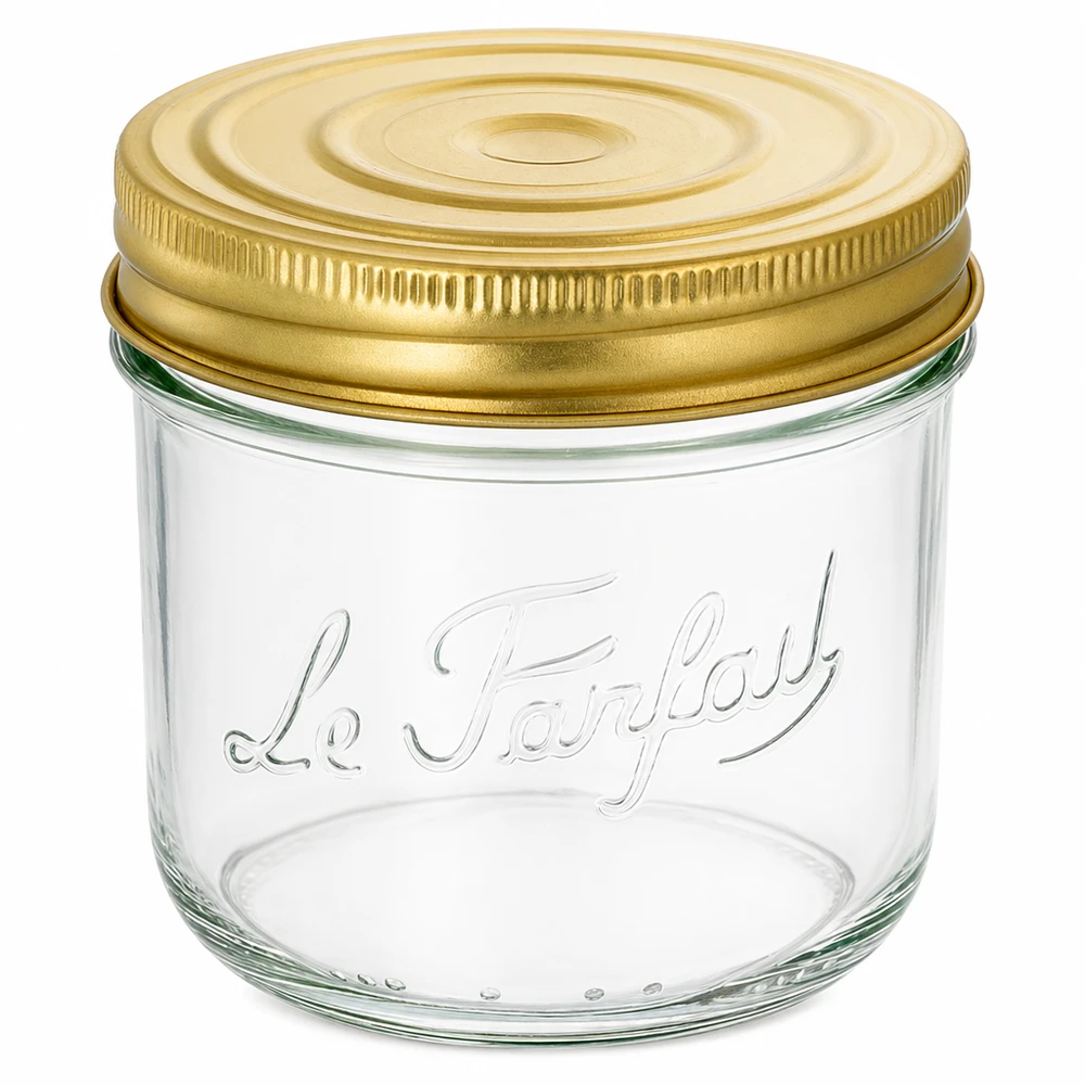 415ml Sturzglas "Familia Wiss" 2-teiliges Deckelsystem Le Pa 415ml Sturzglas Familia Wiss mit goldenem Schraubdeckel und Le Parfait Prägung für Einmachen und Konservieren