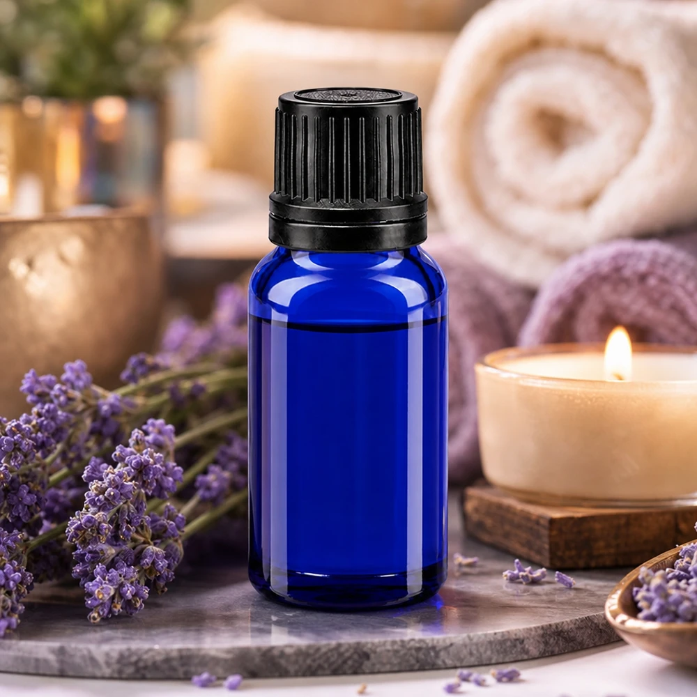 Lékárenská lahvička modrá 10ml kapací uzávěr nalévací kroužek 1mm černý uzávěr proti neoprávněné manipulaci. Blaue Aromaflasche 10ml Apothekerglas mit schwarzem OV-Deckel für Laboranwendungen und Öle