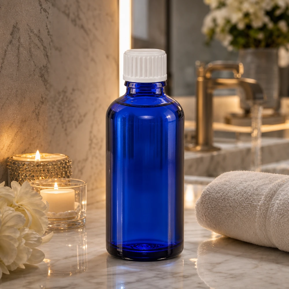 Lékárenská láhev modrá 50ml kapací uzávěr bílý 0,8mm standardní Hochwertige 50ml Tropfflasche Blauglas mit weißem Dosierverschluss für Kosmetik und Pharmazie