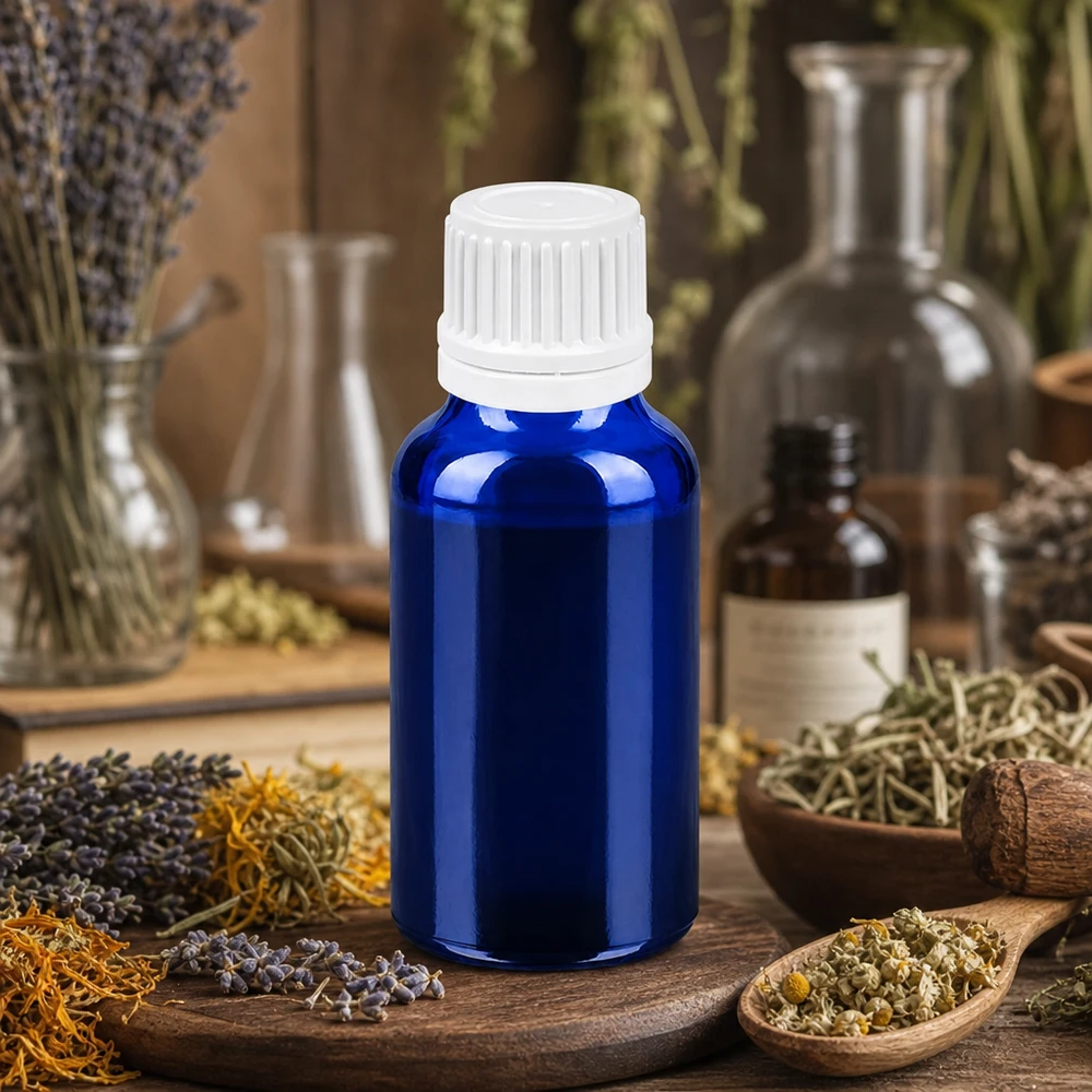 20ml láhev 11mm šroubovací uzávěr bílý s bezpečnostním uzávěrem BlueLine UT18/20 Vielseitige blaue 20ml Glasflasche mit weißem Deckel für Naturkosmetik und Heilpflanzenextrakte