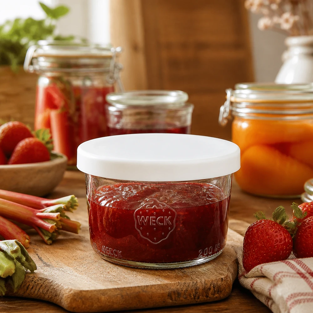 WECK RR80 Sturzglas 200ml mit Erdbeermarmelade und weißem Silikondeckel in rustikaler Küche mit frischen Früchten