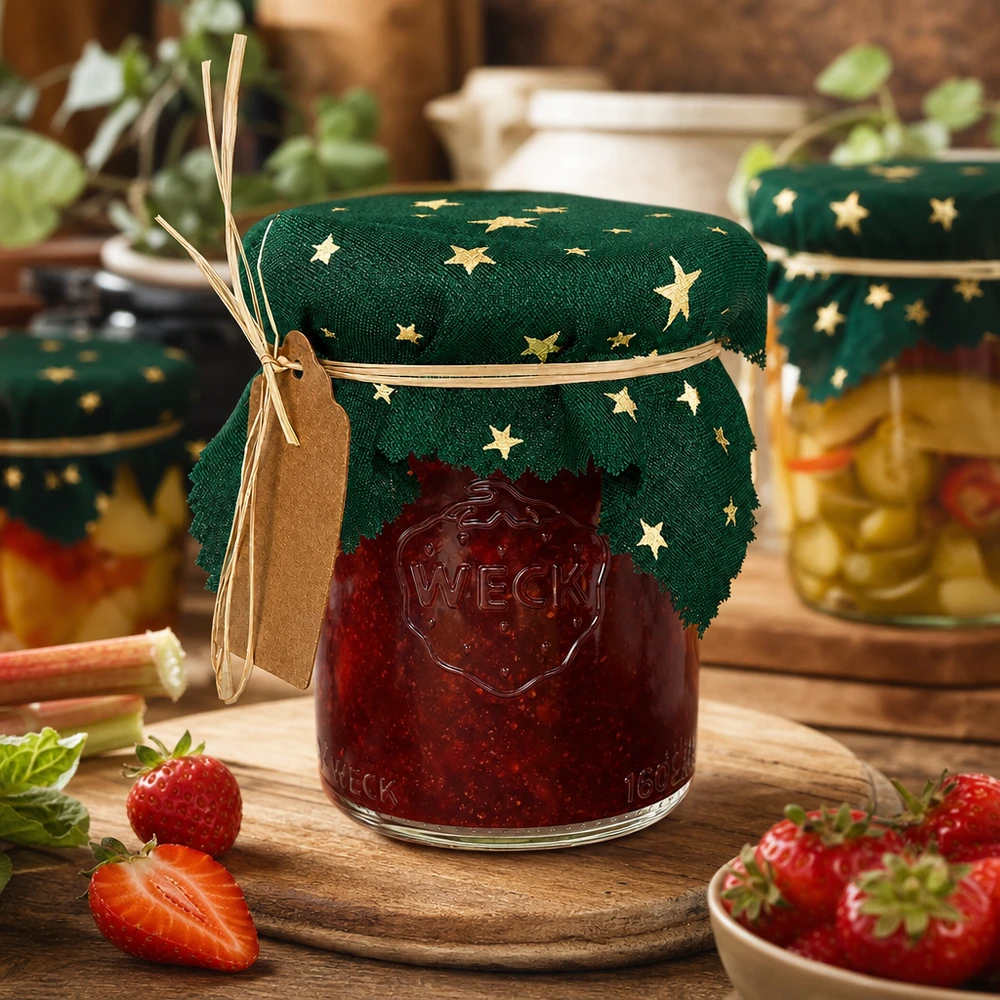Látkový ubrousek na šperky zelený "hvězdy" 12cm čtvercový Grünes Sterne-Schmuckdeckchen 12cm eckig auf Erdbeermarmelade-Glas, rustikale Küchenszene mit frischen Erdbeeren