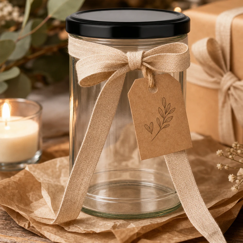 1053ml Sturzglas mit schwarzem Deckel als Geschenkverpackung mit Schleife und Kraftpapier-Anhänger dekoriert