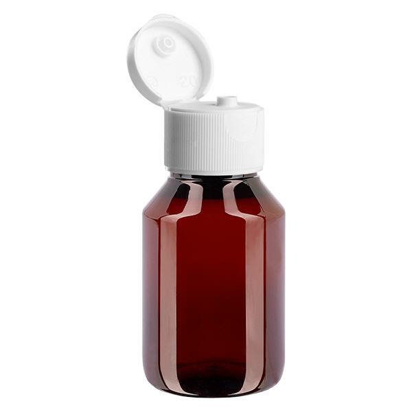 PET láhev 50ml s bílým flip-top uzávěrem. PET láhev 50ml s bílým flip-top uzávěrem.