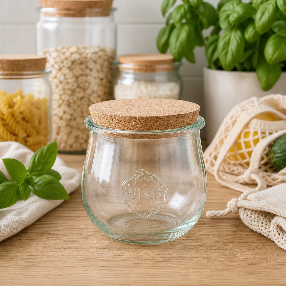 370ml tulipánová zavařovací sklenice WECK RR80 s korkem přírodní WECK Tulpenglas 370ml RR80 mit Korken in nachhaltiger Zero Waste Küche zwischen Aufbewahrungsgläsern und Basil