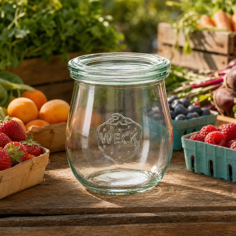 220ml tulipánová sklenice se skleněným víčkem WECK RR60 WECK Tulpenglas 220ml RR60 leer auf Holztisch umgeben von frischem Obst und Gemüse in natürlicher Gartenumgebung