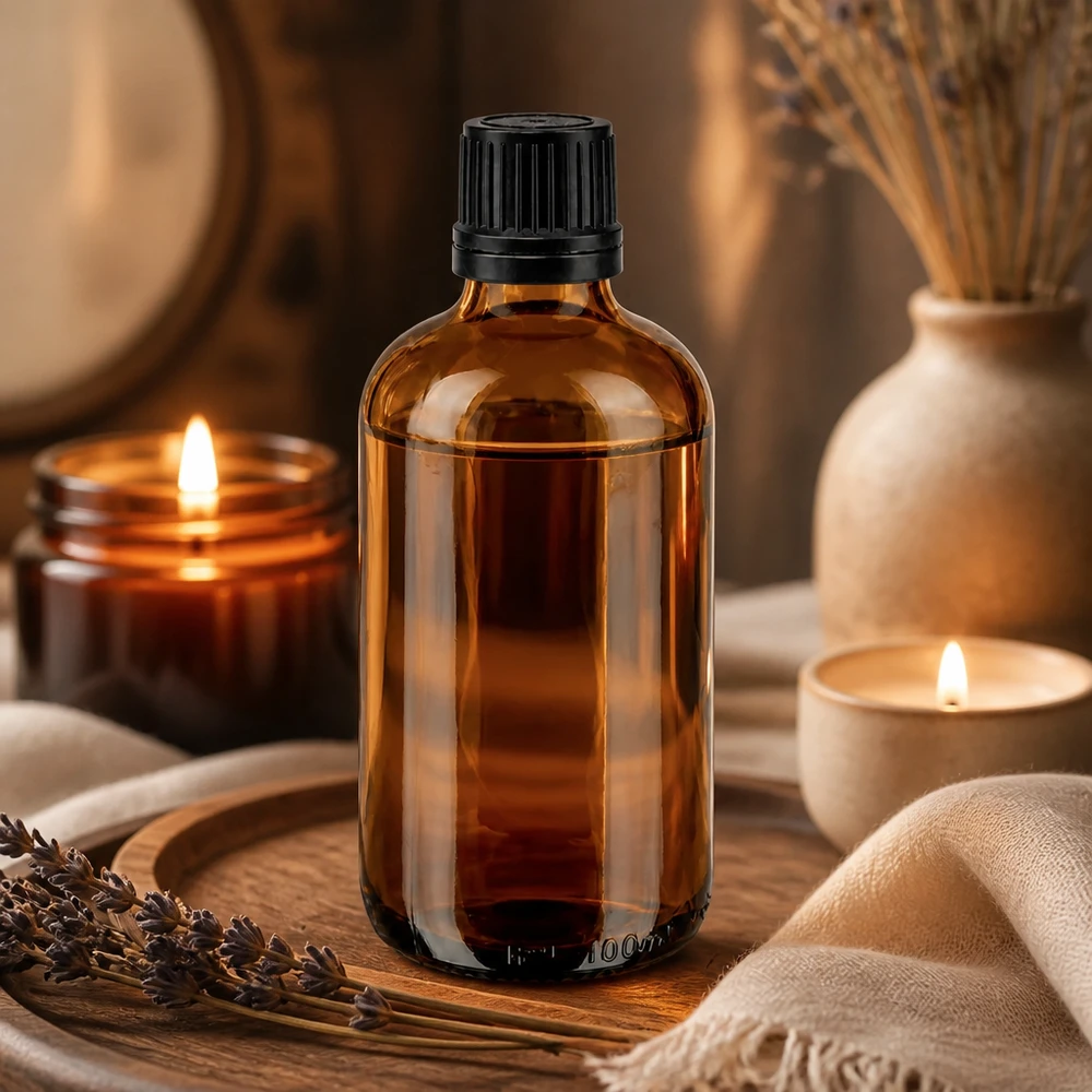Lékárenská láhev hnědá 100ml kapací uzávěr prémiový 1mm černý tamper-evidentní uzávěr. Hochwertige 100ml Braunglas Flasche mit Tropfeinsatz neben Kerzen und Lavendel